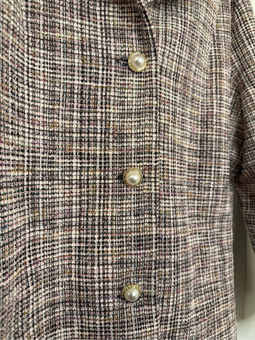 Messini Tweed Pearl Button Blazer Jacket XL Pink Black Boucle Chic - Picture 2 of 5